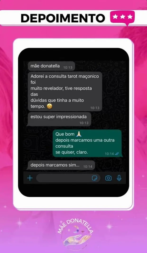 Depoimento de cliente sobre a consulta com a Mãe Donatella
