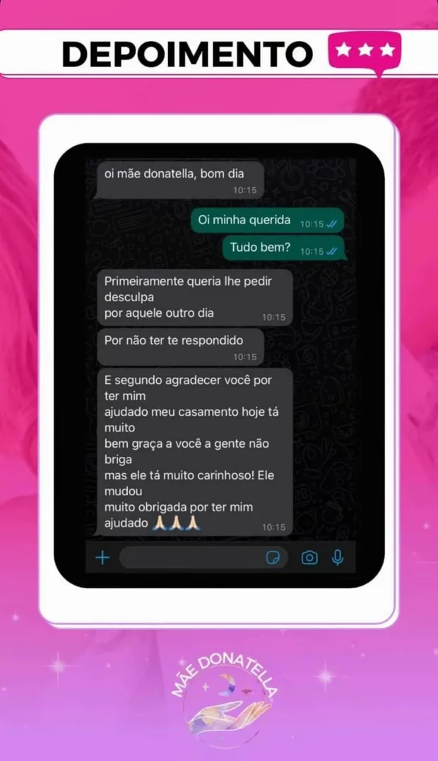 Depoimento de cliente agradecendo o trabalho da Mãe Donatella