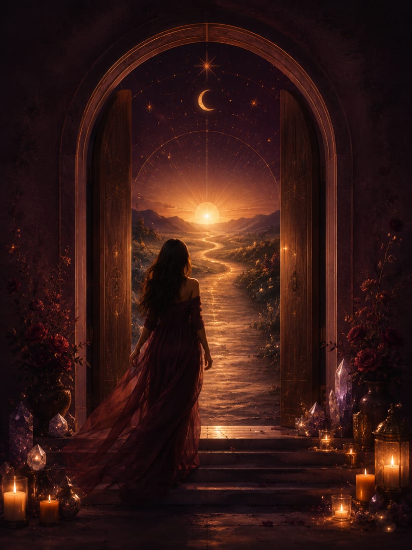Mulher diante de um portal aberto com um caminho de luz ao amanhecer